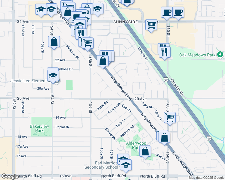 map of restaurants, bars, coffee shops, grocery stores, and more near 2042 Bowler Drive in Surrey
