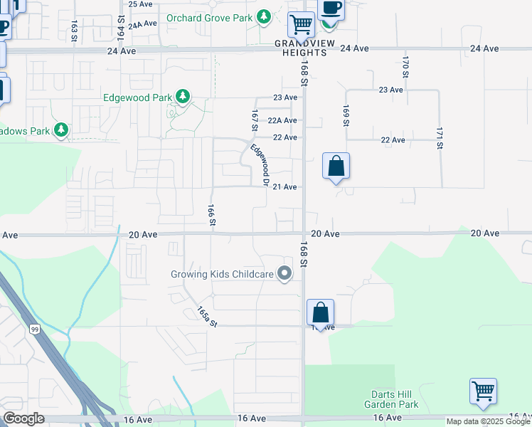 map of restaurants, bars, coffee shops, grocery stores, and more near 16742 20A Avenue in Surrey