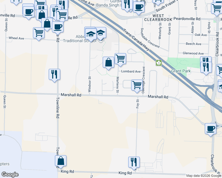 map of restaurants, bars, coffee shops, grocery stores, and more near 2035 Martens Street in Abbotsford
