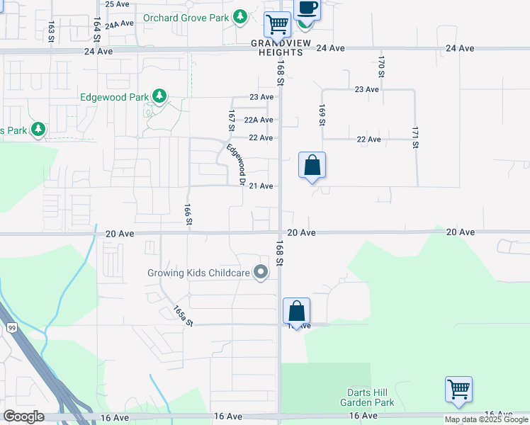map of restaurants, bars, coffee shops, grocery stores, and more near 16790 20A Avenue in Surrey