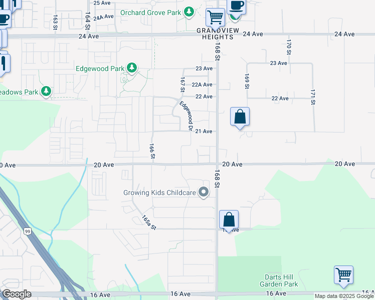 map of restaurants, bars, coffee shops, grocery stores, and more near 16732 20A Avenue in Surrey