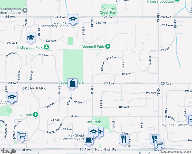 map of restaurants, bars, coffee shops, grocery stores, and more near 13622 20A Avenue in Surrey