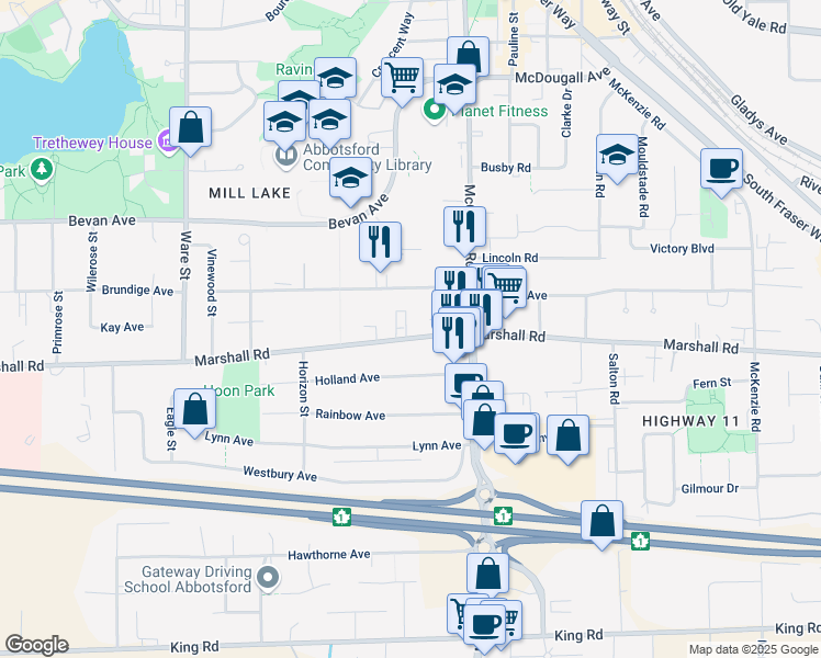 map of restaurants, bars, coffee shops, grocery stores, and more near in Abbotsford