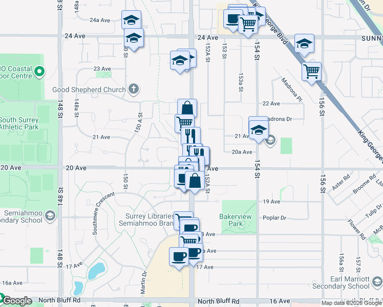 map of restaurants, bars, coffee shops, grocery stores, and more near 2055 152 Street in Surrey