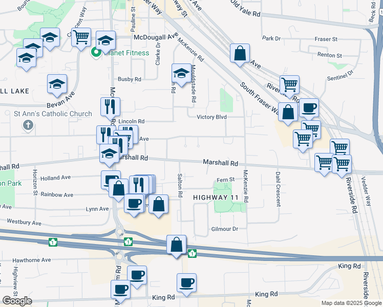 map of restaurants, bars, coffee shops, grocery stores, and more near 33839 Marshall Road in Abbotsford