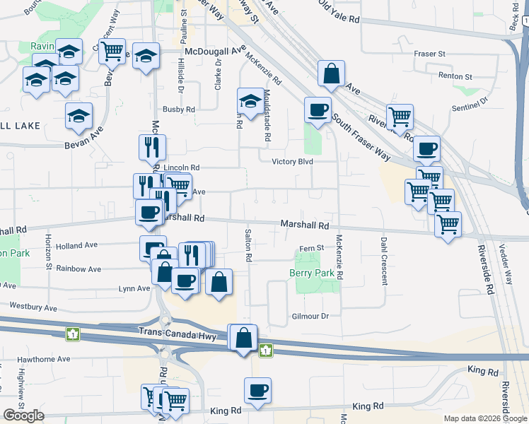 map of restaurants, bars, coffee shops, grocery stores, and more near 33839 Marshall Road in Abbotsford