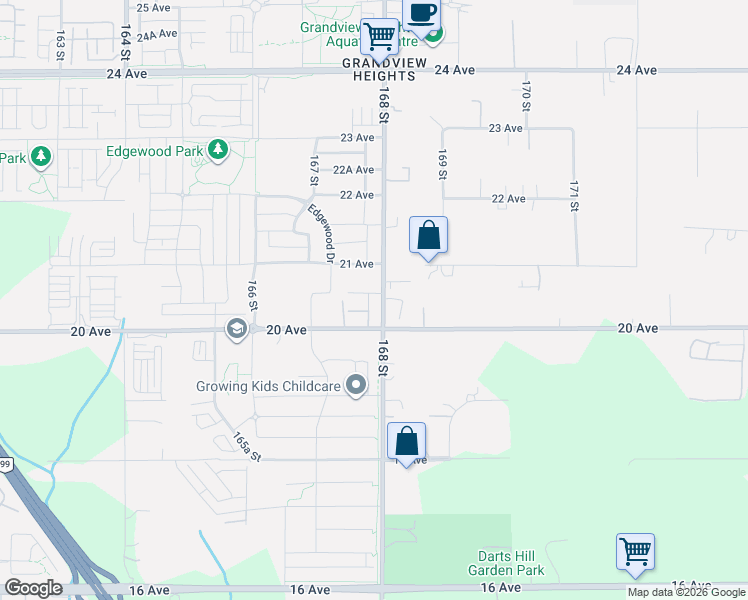 map of restaurants, bars, coffee shops, grocery stores, and more near 2045 168 Street in Surrey