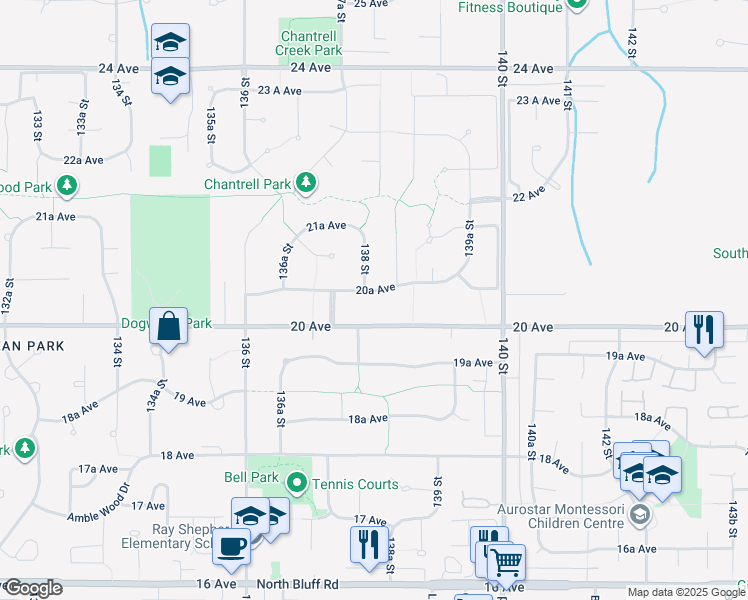 map of restaurants, bars, coffee shops, grocery stores, and more near 13818 20A Avenue in Surrey