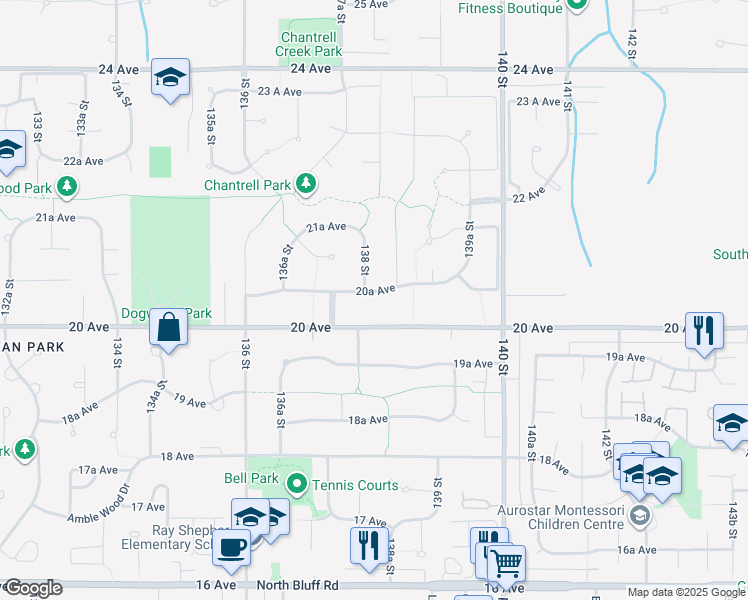 map of restaurants, bars, coffee shops, grocery stores, and more near 13818 20A Avenue in Surrey