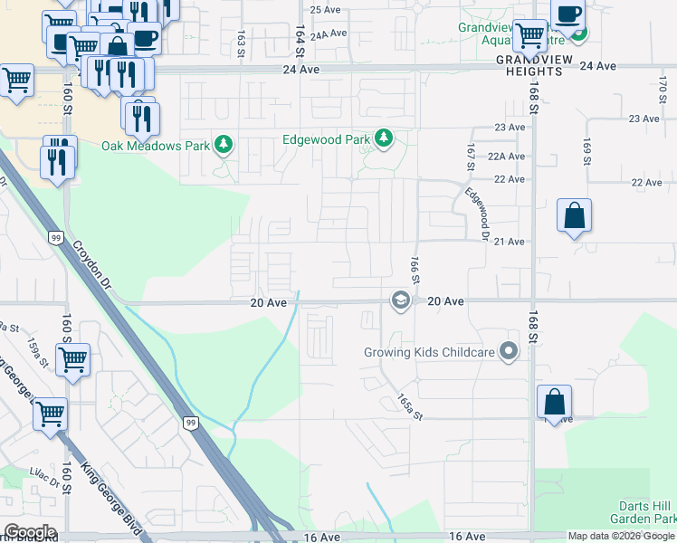 map of restaurants, bars, coffee shops, grocery stores, and more near 16481 20A Avenue in Surrey