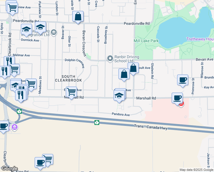 map of restaurants, bars, coffee shops, grocery stores, and more near 2060 Broadway Street in Abbotsford