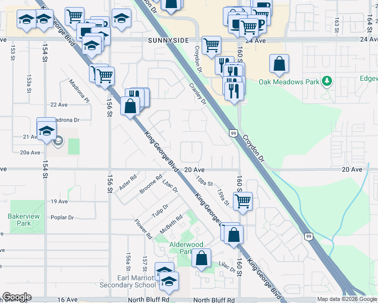 map of restaurants, bars, coffee shops, grocery stores, and more near 15875 20 Avenue in Surrey