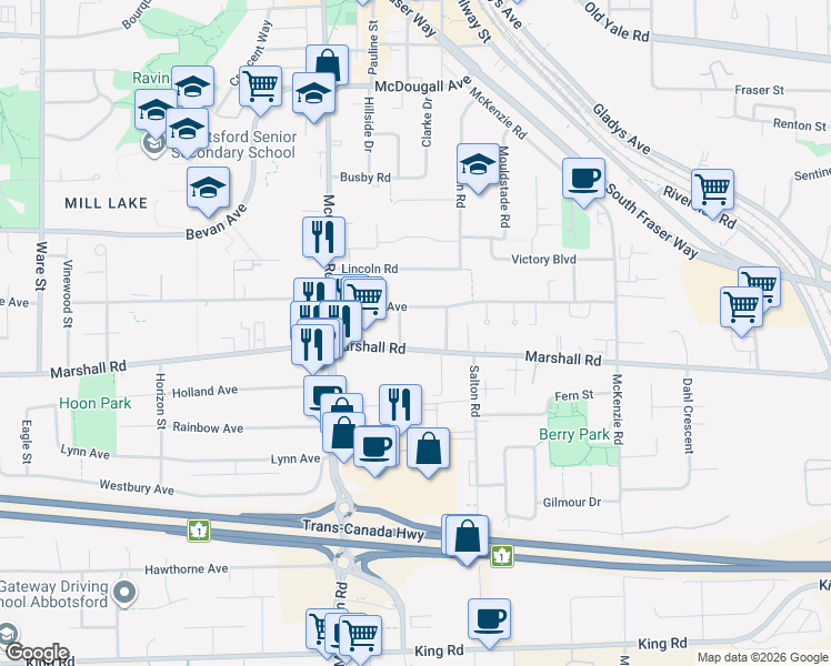 map of restaurants, bars, coffee shops, grocery stores, and more near in Abbotsford