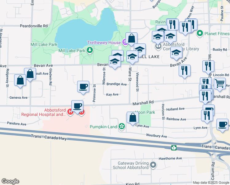 map of restaurants, bars, coffee shops, grocery stores, and more near 33123 Kay Avenue in Abbotsford