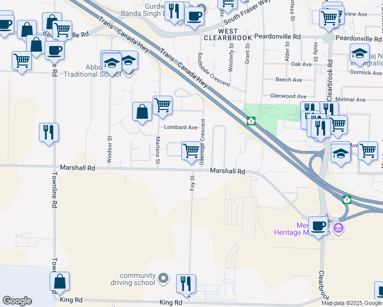 map of restaurants, bars, coffee shops, grocery stores, and more near 31535 Monarch Court in Abbotsford