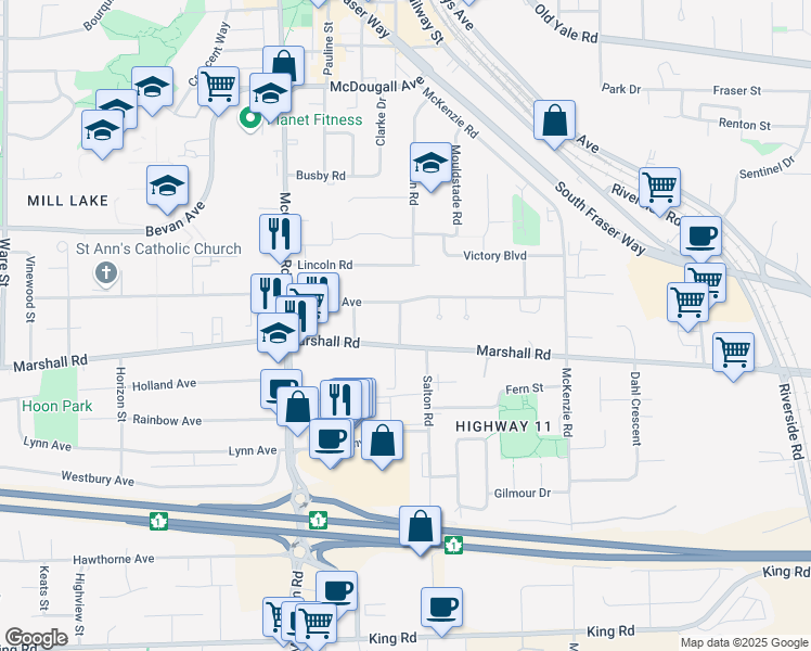 map of restaurants, bars, coffee shops, grocery stores, and more near 2048 Olive Way in Abbotsford