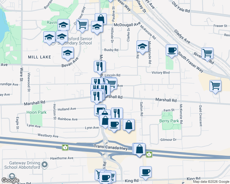 map of restaurants, bars, coffee shops, grocery stores, and more near 2016 McCallum Road in Abbotsford