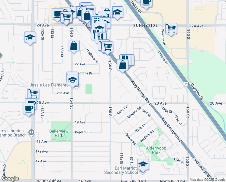 map of restaurants, bars, coffee shops, grocery stores, and more near 2060 156 Street in Surrey