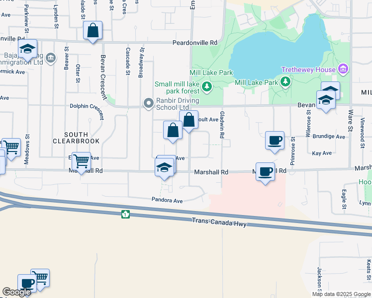 map of restaurants, bars, coffee shops, grocery stores, and more near 2071 Emerson Street in Abbotsford
