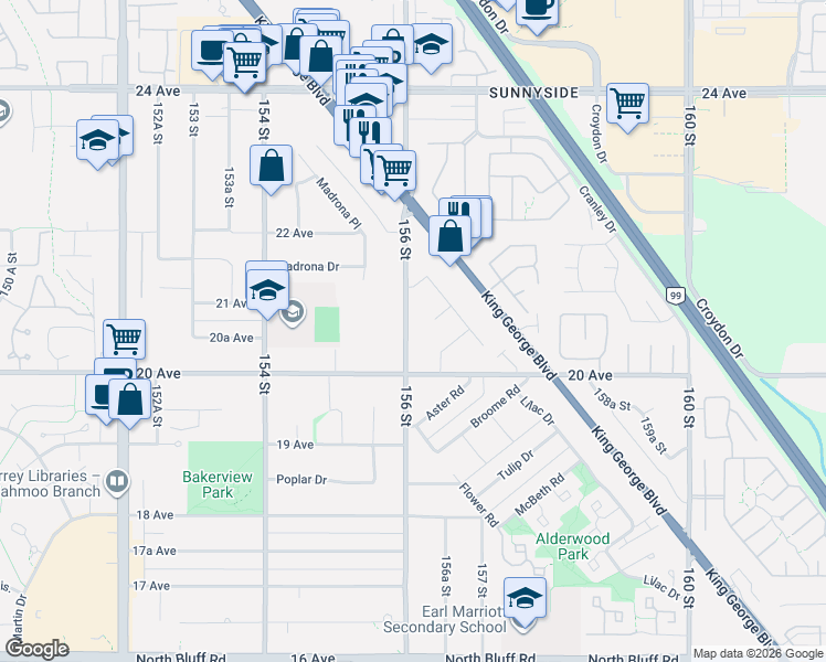 map of restaurants, bars, coffee shops, grocery stores, and more near 2060 156 Street in Surrey