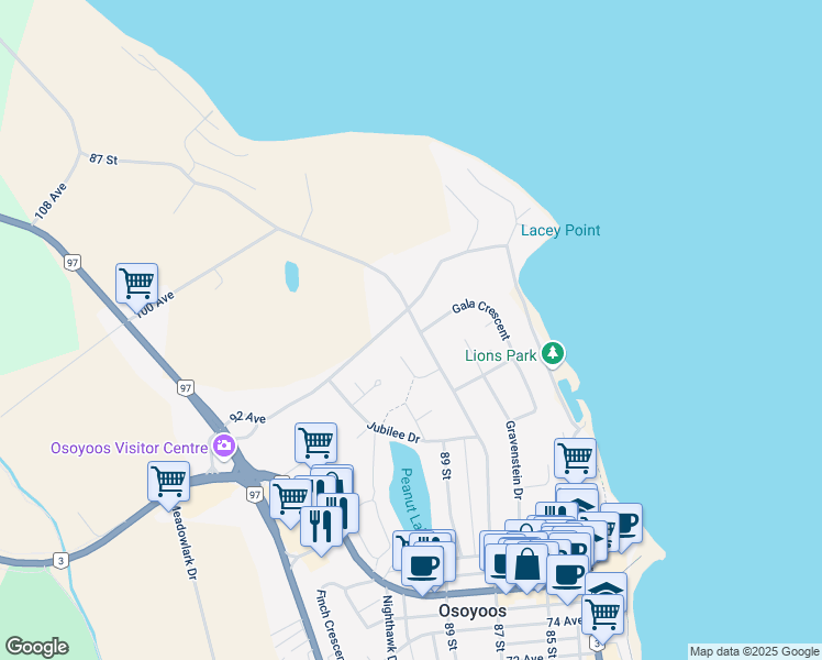 map of restaurants, bars, coffee shops, grocery stores, and more near 8614 87 Street in Osoyoos
