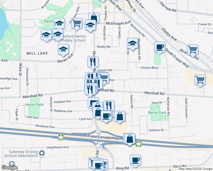 map of restaurants, bars, coffee shops, grocery stores, and more near 2016 McCallum Road in Abbotsford