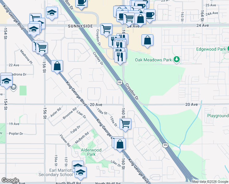 map of restaurants, bars, coffee shops, grocery stores, and more near 2058 Cumbria Drive in Surrey
