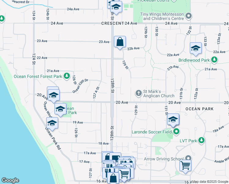 map of restaurants, bars, coffee shops, grocery stores, and more near 2072 128th Street in Surrey