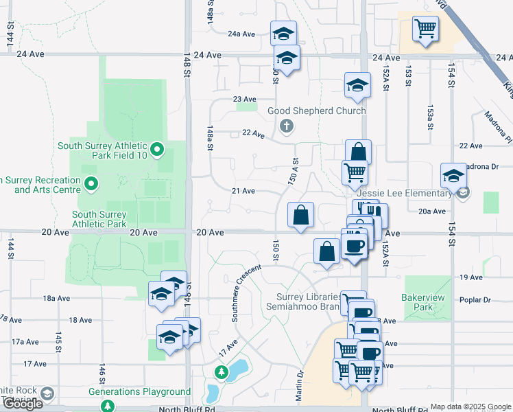 map of restaurants, bars, coffee shops, grocery stores, and more near 14961 20A Avenue in Surrey
