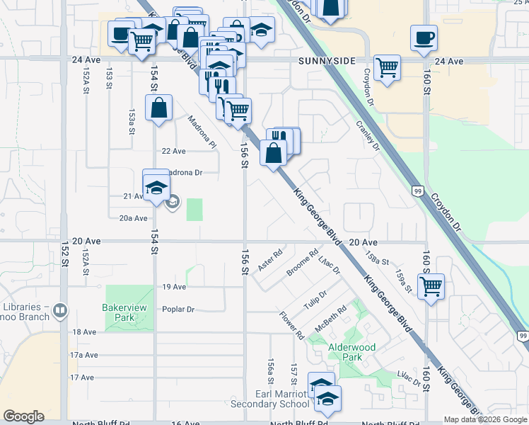 map of restaurants, bars, coffee shops, grocery stores, and more near 15632 Bowler Place in Surrey