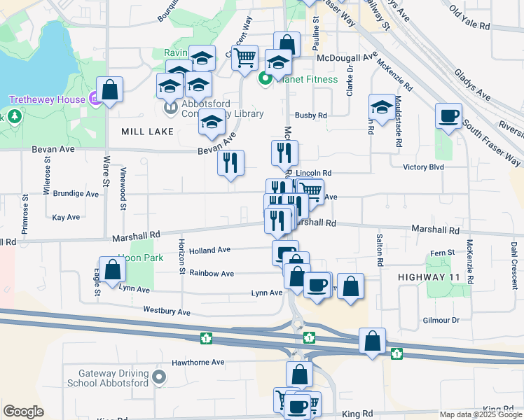 map of restaurants, bars, coffee shops, grocery stores, and more near in Abbotsford