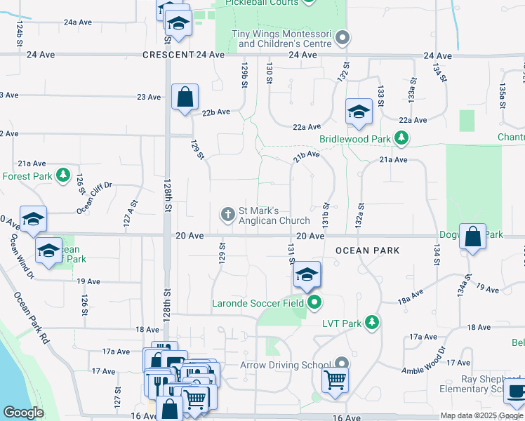 map of restaurants, bars, coffee shops, grocery stores, and more near 13044 20A Avenue in Surrey