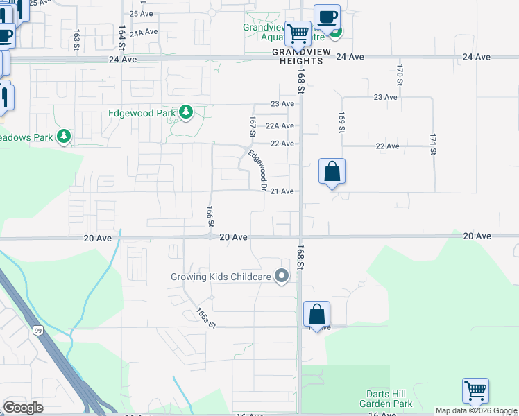 map of restaurants, bars, coffee shops, grocery stores, and more near 2055 167A Street in Surrey
