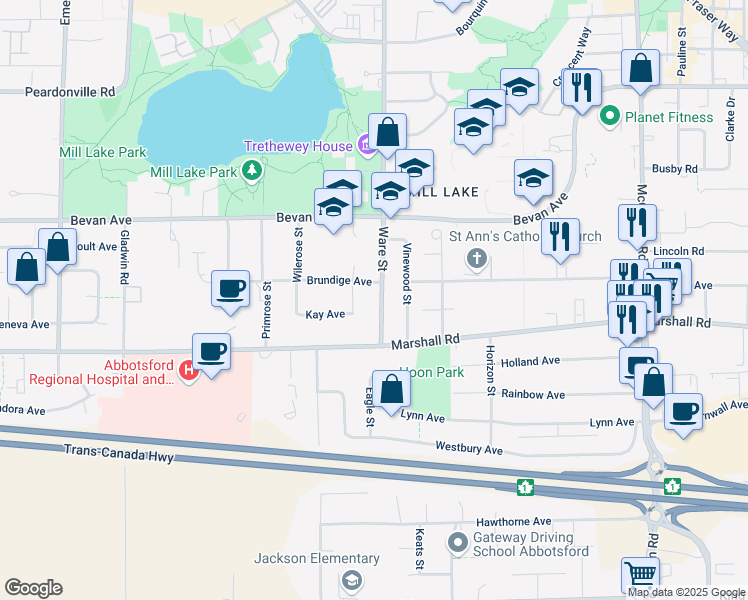 map of restaurants, bars, coffee shops, grocery stores, and more near 2066 Stevenson Street in Abbotsford