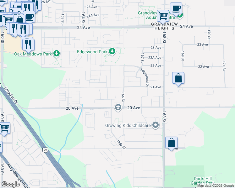 map of restaurants, bars, coffee shops, grocery stores, and more near 2070 165B Street in Surrey