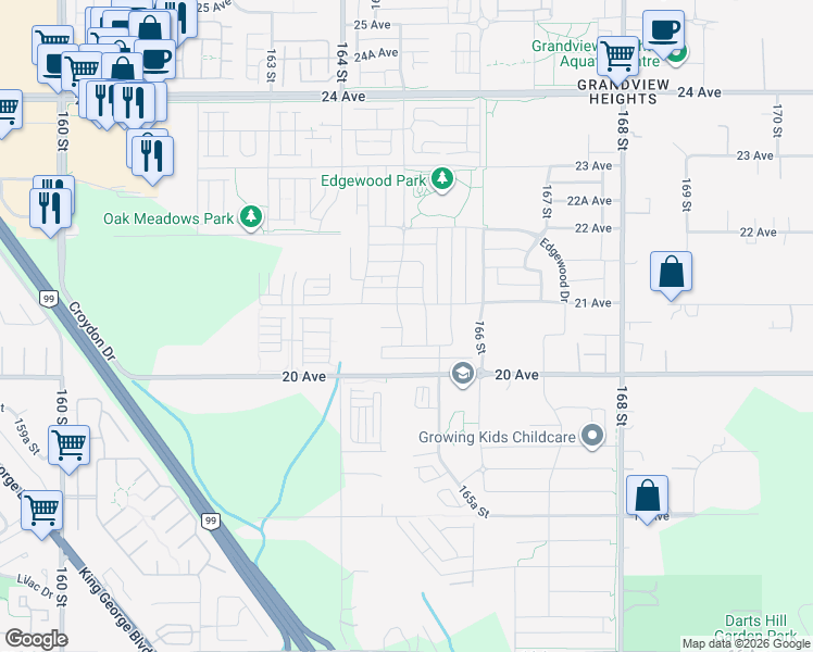 map of restaurants, bars, coffee shops, grocery stores, and more near 2071 165 Street in Surrey