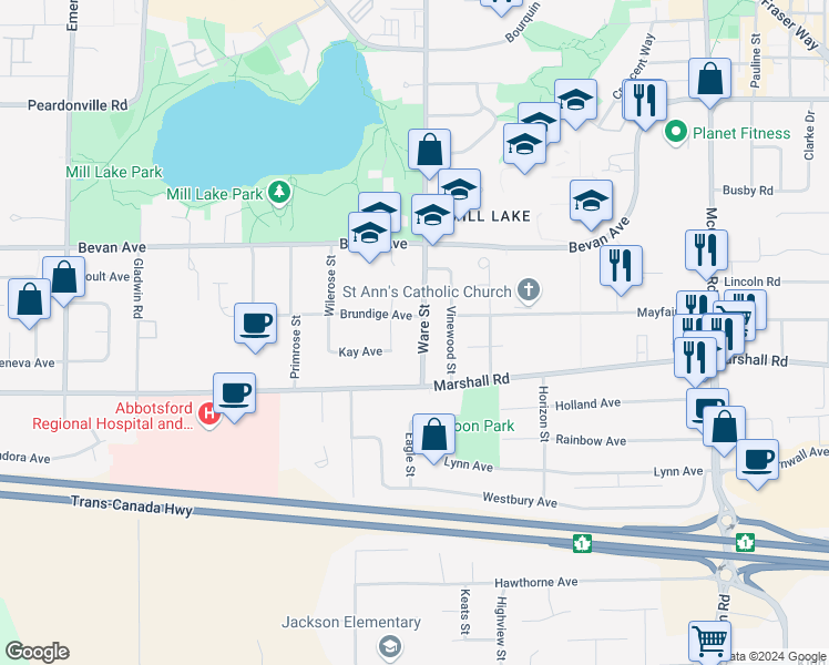 map of restaurants, bars, coffee shops, grocery stores, and more near 2066 Stevenson Street in Abbotsford