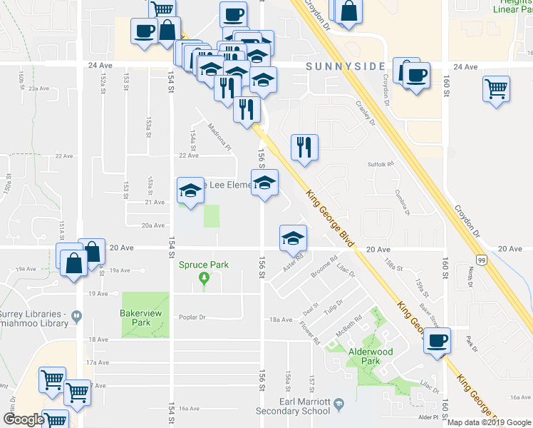 map of restaurants, bars, coffee shops, grocery stores, and more near 2060 156 Street in Surrey