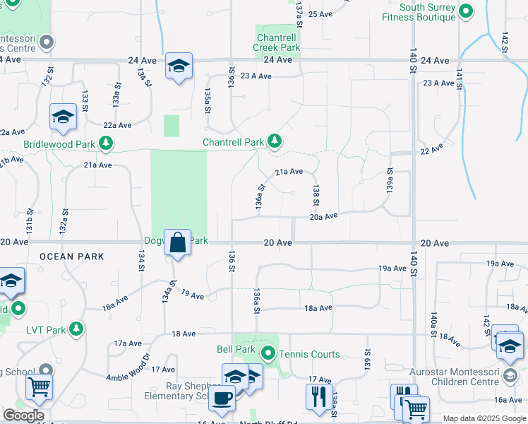 map of restaurants, bars, coffee shops, grocery stores, and more near in Surrey