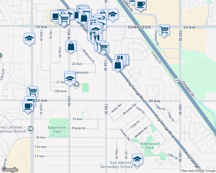map of restaurants, bars, coffee shops, grocery stores, and more near 2076 156 Street in Surrey