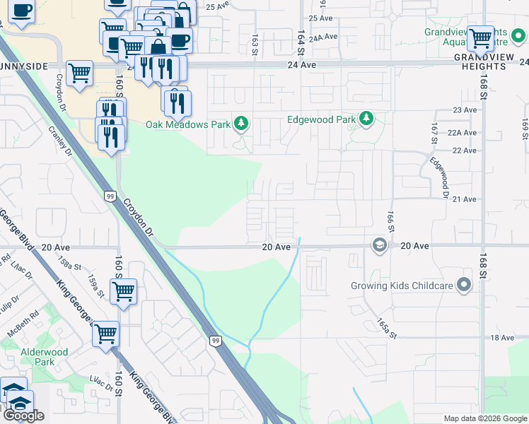 map of restaurants, bars, coffee shops, grocery stores, and more near 2070 Oak Meadows Drive in Surrey