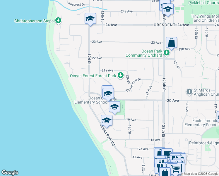 map of restaurants, bars, coffee shops, grocery stores, and more near 2045 Ocean Forest Drive in Surrey