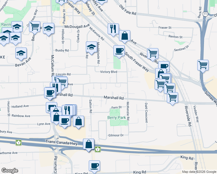 map of restaurants, bars, coffee shops, grocery stores, and more near 33900 Mayfair Avenue in Abbotsford