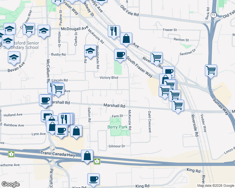 map of restaurants, bars, coffee shops, grocery stores, and more near Paulson Crescent in Abbotsford