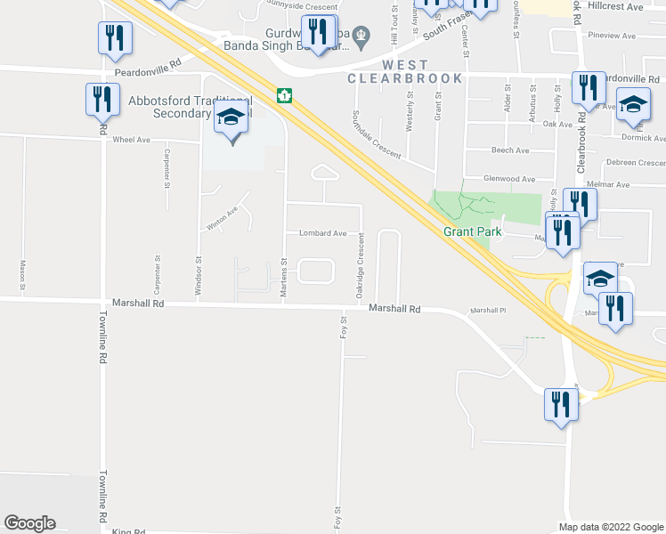 map of restaurants, bars, coffee shops, grocery stores, and more near 31535 Monarch Court in Abbotsford