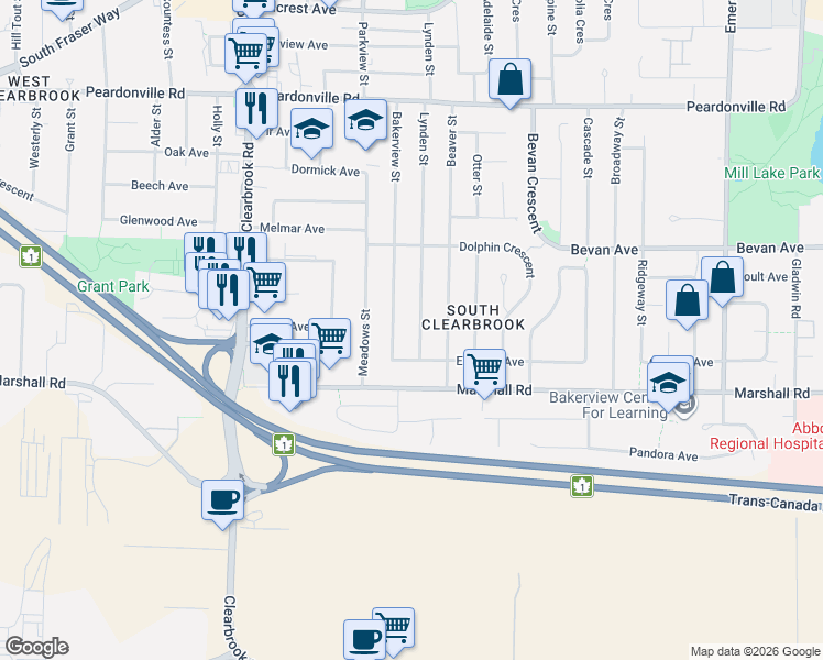 map of restaurants, bars, coffee shops, grocery stores, and more near 2083 Lynden Street in Abbotsford