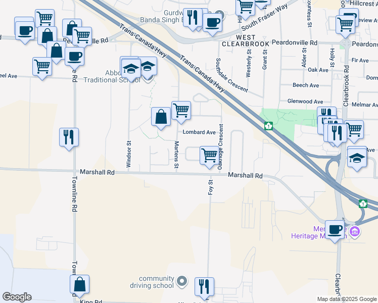 map of restaurants, bars, coffee shops, grocery stores, and more near 31551 Monarch Court in Abbotsford