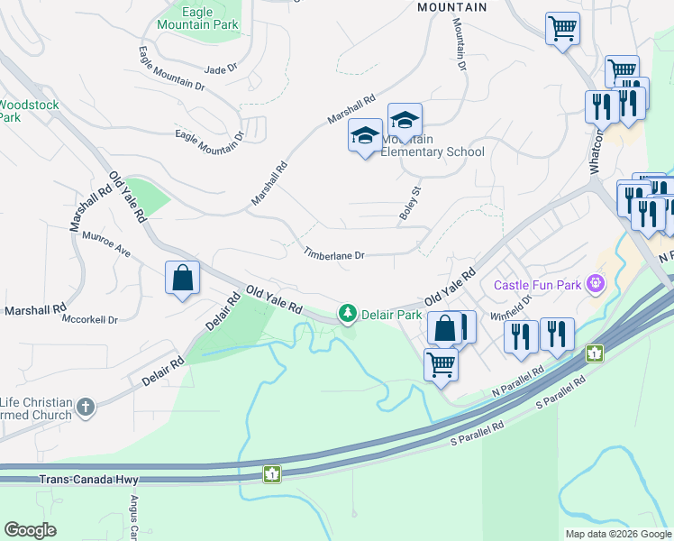 map of restaurants, bars, coffee shops, grocery stores, and more near 35702 Timberlane Drive in Abbotsford