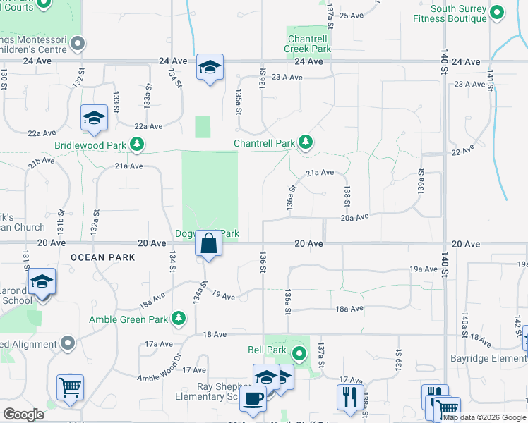 map of restaurants, bars, coffee shops, grocery stores, and more near 2064 136 Street in Surrey