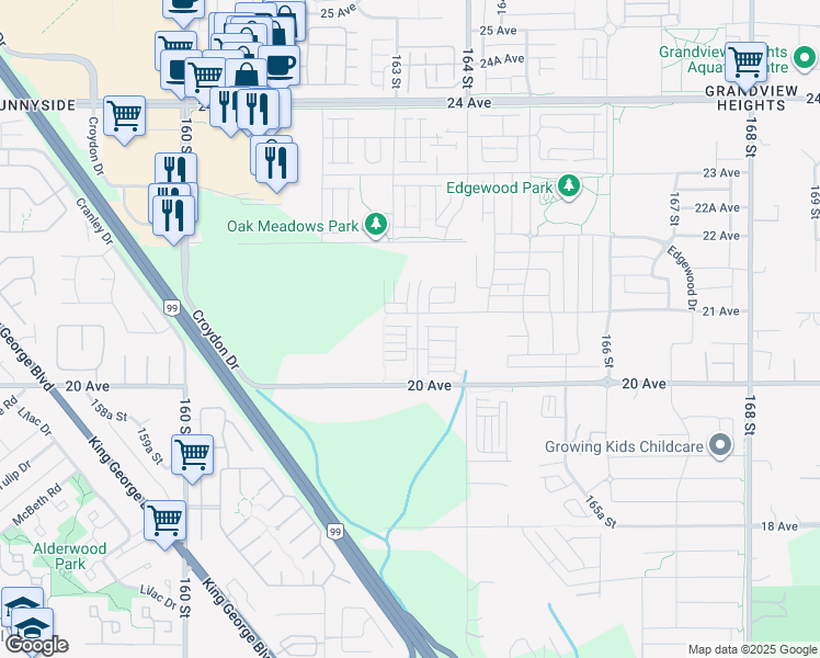 map of restaurants, bars, coffee shops, grocery stores, and more near 2075 Oak Meadows Drive in Surrey
